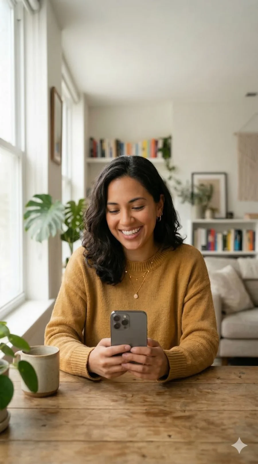 Woman smiling while checking loan options on her phone